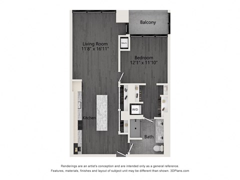 Floor plan for 1 bed, 1 bath, 845 sqft